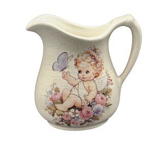 Arnel's Mini Ceramic Creamer Speckled Baby Angle Butterfly Flowers Vintage